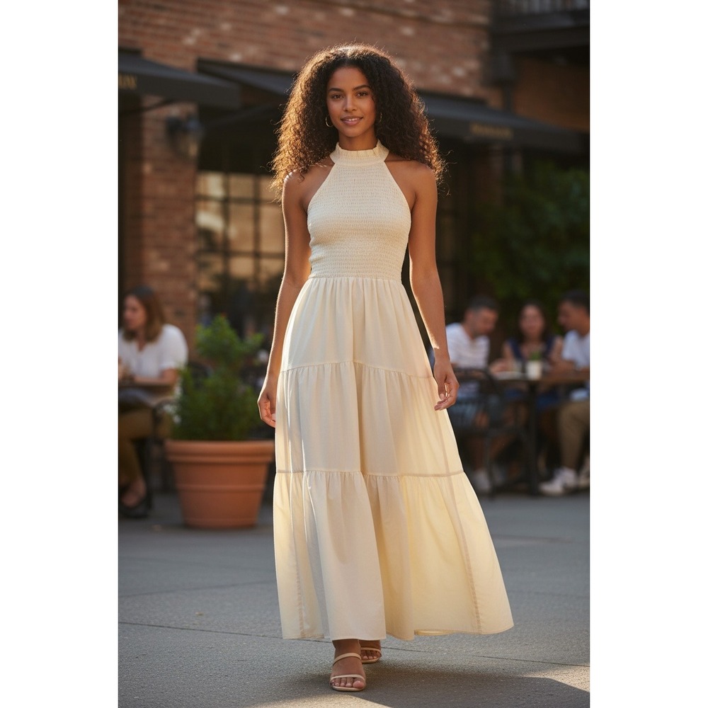 Anthropologie S/W/F Smocked Halter Maxi Dress Cream Tiered Sleeveless Open Back